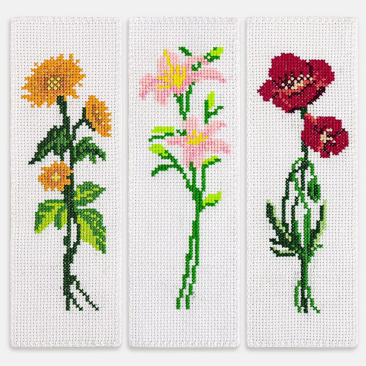3-Piece Flower Cross Stitch Bookmark Kit for Beginners – DIY 14CT Stamped Embroidery Bookmarks with Threads, Needles & Instructions, Perfect Gift for Book Lovers